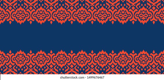 Lace border. Ikat seamless pattern. Vector tie dye shibori print with stripes and chevron. 