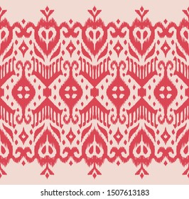 Lace border. Ikat seamless pattern. Vector tie dye shibori print with stripes and chevron. Ink textured japanese background. Ethnic fabric. Bohemian fashion. African creative. Damask rug.