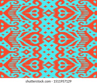 Lace border. Ikat seamless pattern. Vector tie dye shibori print with stripes and chevron. Ink textured japanese background. Ethnic fabric. Bohemian fashion. African creative. Damask rug.