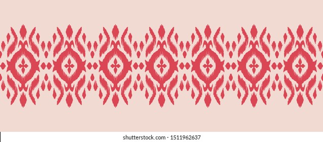 Lace border. Ikat seamless pattern. Vector tie dye shibori print with stripes and chevron. Ink textured japanese background. Ethnic fabric. Bohemian fashion. African creative. Damask rug.