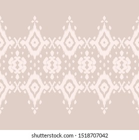 Lace border. Ikat seamless pattern. Vector tie dye shibori print with stripes and chevron. Ink textured japanese background. Ethnic fabric. Bohemian fashion. African creative. Damask rug. 