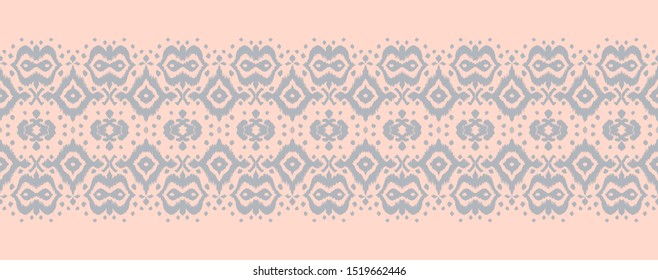 Lace border. Ikat seamless pattern. Vector tie dye shibori print with stripes and chevron. Ink textured japanese background. Ethnic fabric. Bohemian fashion. African creative. Damask rug. 