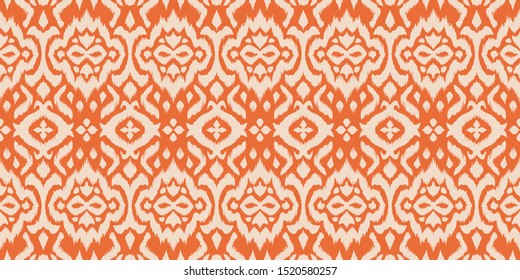 Lace border. Ikat seamless pattern. Vector tie dye shibori print with stripes and chevron. 