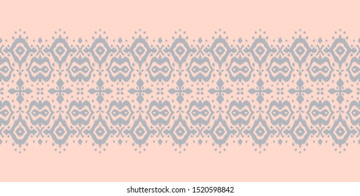 Lace border. Ikat seamless pattern. Vector tie dye shibori print with stripes and chevron. Ink textured japanese background. Ethnic fabric. Bohemian fashion. African creative. Damask rug. 