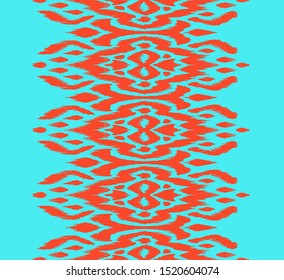 Lace border. Ikat seamless pattern. Vector tie dye shibori print with stripes and chevron. Ink textured japanese background. Ethnic fabric. Bohemian fashion. African creative. Damask rug.