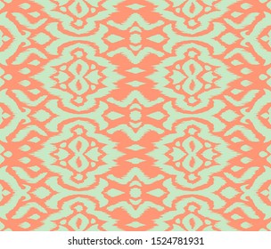 Lace border. Ikat seamless pattern. Vector tie dye shibori print with stripes and chevron. 