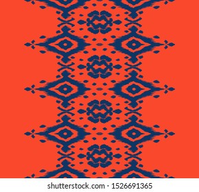 Lace border. Ikat seamless pattern. Vector tie dye shibori print with stripes and chevron. Ink textured japanese background. Ethnic fabric. Bohemian fashion. African creative. Damask rug. 