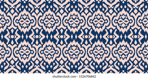 Lace border. Ikat seamless pattern. Vector tie dye shibori print with stripes and chevron. 
