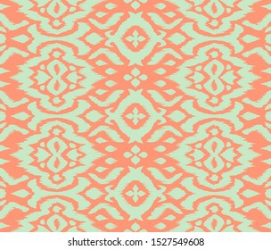 Lace border. Ikat seamless pattern. Vector tie dye shibori print with stripes and chevron. 