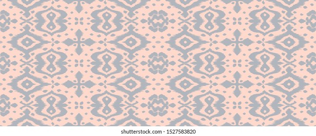 Lace border. Ikat seamless pattern. Vector tie dye shibori print with stripes and chevron. Ink textured japanese background. Ethnic fabric. Bohemian fashion. African creative. Damask rug. 