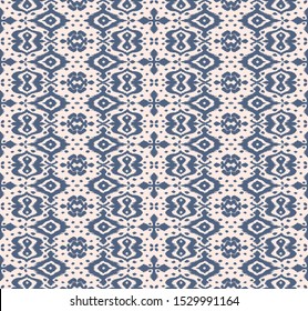 Lace border. Ikat seamless pattern. Vector tie dye shibori print with stripes and chevron. Ink textured japanese background. Ethnic fabric. Bohemian fashion. African creative. Damask rug. 