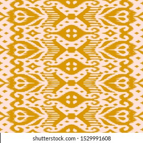 Lace border. Ikat seamless pattern. Vector tie dye shibori print with stripes and chevron. Ink textured japanese background. Ethnic fabric. Bohemian fashion. African creative. Damask rug.