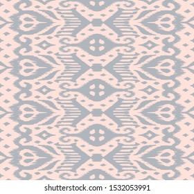 Lace border. Ikat seamless pattern. Vector tie dye shibori print with stripes and chevron. Ink textured japanese background. Ethnic fabric. Bohemian fashion. African creative. Damask rug.
