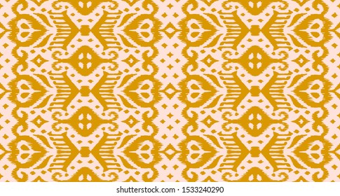 Lace border. Ikat seamless pattern. Vector tie dye shibori print with stripes and chevron. Ink textured japanese background. Ethnic fabric. Bohemian fashion. African creative. Damask rug.