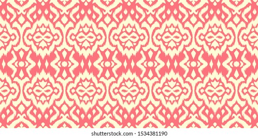 Lace border. Ikat seamless pattern. Vector tie dye shibori print with stripes and chevron. 