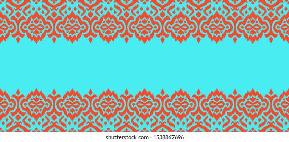 Lace border. Ikat seamless pattern. Vector tie dye shibori print with stripes and chevron. 