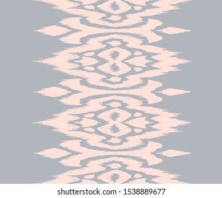 Lace border. Ikat seamless pattern. Vector tie dye shibori print with stripes and chevron. Ink textured japanese background. Ethnic fabric. Bohemian fashion. African creative. Damask rug.