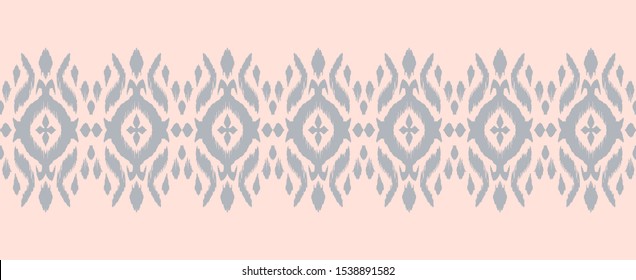 Lace border. Ikat seamless pattern. Vector tie dye shibori print with stripes and chevron. Ink textured japanese background. Ethnic fabric. Bohemian fashion. African creative. Damask rug.