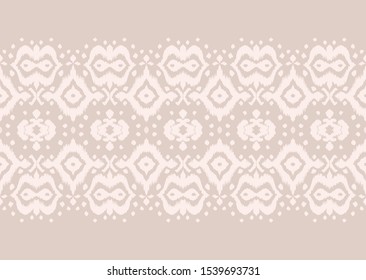 Lace border. Ikat seamless pattern. Vector tie dye shibori print with stripes and chevron. Ink textured japanese background. Ethnic fabric. Bohemian fashion. African creative. Damask rug. 