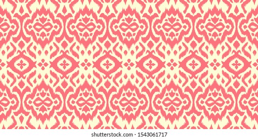 Lace border. Ikat seamless pattern. Vector tie dye shibori print with stripes and chevron. 