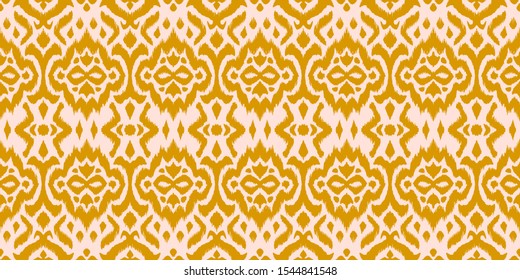 Lace border. Ikat seamless pattern. Vector tie dye shibori print with stripes and chevron. 