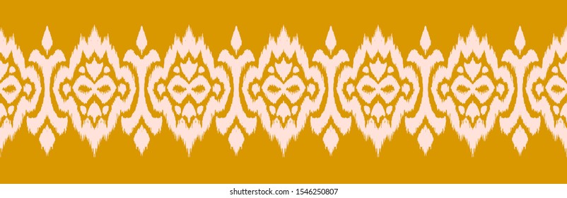 Lace border. Ikat seamless pattern. Vector tie dye shibori print with stripes and chevron. Ink textured japanese background. Ethnic fabric. Bohemian fashion. African creative. Damask rug.