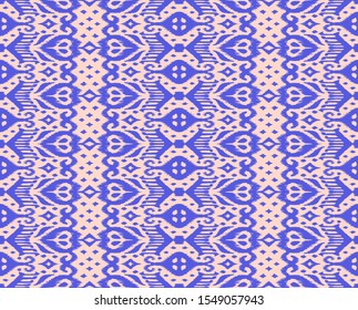 Lace border. Ikat seamless pattern. Vector tie dye shibori print with stripes and chevron. Ink textured japanese background. Ethnic fabric. Bohemian fashion. African creative. Damask rug.