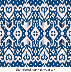 Lace border. Ikat seamless pattern. Vector tie dye shibori print with stripes and chevron. Ink textured japanese background. Ethnic fabric. Bohemian fashion. African creative. Damask rug.