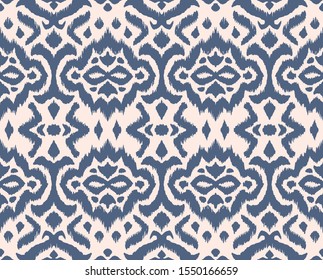 Lace border. Ikat seamless pattern. Vector tie dye shibori print with stripes and chevron. 