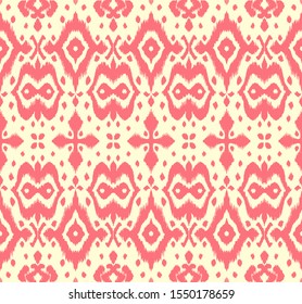 Lace border. Ikat seamless pattern. Vector tie dye shibori print with stripes and chevron. Ink textured japanese background. Ethnic fabric. Bohemian fashion. African creative. Damask rug. 