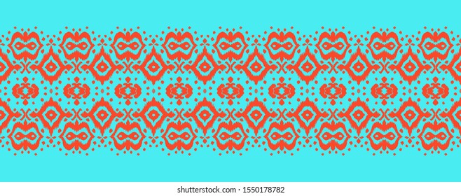 Lace border. Ikat seamless pattern. Vector tie dye shibori print with stripes and chevron. Ink textured japanese background. Ethnic fabric. Bohemian fashion. African creative. Damask rug. 