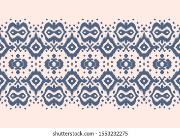 Lace border. Ikat seamless pattern. Vector tie dye shibori print with stripes and chevron. Ink textured japanese background. Ethnic fabric. Bohemian fashion. African creative. Damask rug. 