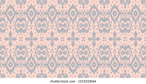 Lace border. Ikat seamless pattern. Vector tie dye shibori print with stripes and chevron. Ink textured japanese background. Ethnic fabric. Bohemian fashion. African creative. Damask rug. 