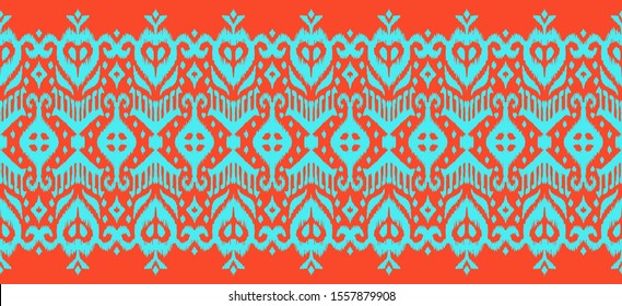 Lace border. Ikat seamless pattern. Vector tie dye shibori print with stripes and chevron. Ink textured japanese background. Ethnic fabric. Bohemian fashion. African creative. Damask rug.