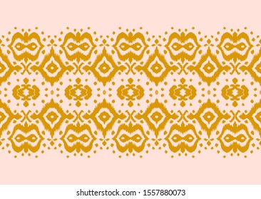 Lace border. Ikat seamless pattern. Vector tie dye shibori print with stripes and chevron. Ink textured japanese background. Ethnic fabric. Bohemian fashion. African creative. Damask rug. 