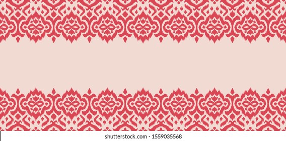 Lace border. Ikat seamless pattern. Vector tie dye shibori print with stripes and chevron. 