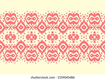 Lace border. Ikat seamless pattern. Vector tie dye shibori print with stripes and chevron. Ink textured japanese background. Ethnic fabric. Bohemian fashion. African creative. Damask rug. 