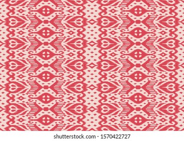 Lace border. Ikat seamless pattern. Vector tie dye shibori print with stripes and chevron. Ink textured japanese background. Ethnic fabric. Bohemian fashion. African creative. Damask rug.