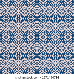Lace border. Ikat seamless pattern. Vector tie dye shibori print with stripes and chevron. 
