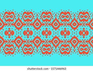 Lace border. Ikat seamless pattern. Vector tie dye shibori print with stripes and chevron. Ink textured japanese background. Ethnic fabric. Bohemian fashion. African creative. Damask rug. 
