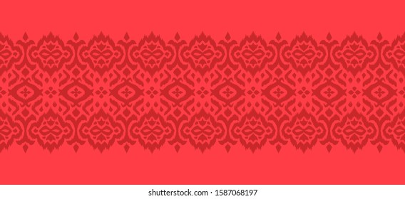 Lace border. Ikat seamless pattern. Vector tie dye shibori print with stripes and chevron. 