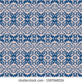 Lace border. Ikat seamless pattern. Vector tie dye shibori print with stripes and chevron. 