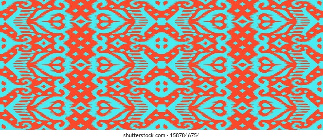 Lace border. Ikat seamless pattern. Vector tie dye shibori print with stripes and chevron. Ink textured japanese background. Ethnic fabric. Bohemian fashion. African creative. Damask rug.