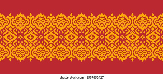 Lace border. Ikat seamless pattern. Vector tie dye shibori print with stripes and chevron. 