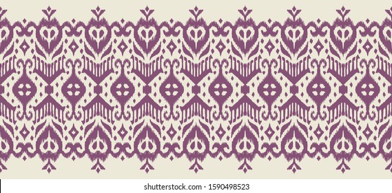 Lace border. Ikat seamless pattern. Vector tie dye shibori print with stripes and chevron. Ink textured japanese background. Ethnic fabric. Bohemian fashion. African creative. Damask rug.