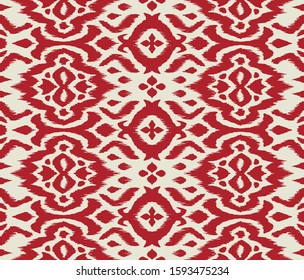 Lace border. Ikat seamless pattern. Vector tie dye shibori print with stripes and chevron. 