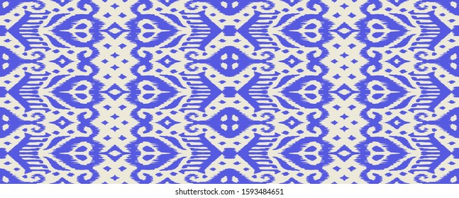 Lace border. Ikat seamless pattern. Vector tie dye shibori print with stripes and chevron. Ink textured japanese background. Ethnic fabric. Bohemian fashion. African creative. Damask rug.