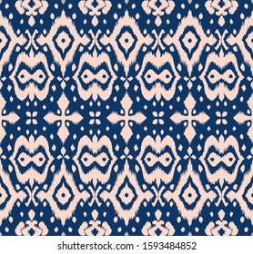 Lace border. Ikat seamless pattern. Vector tie dye shibori print with stripes and chevron. Ink textured japanese background. Ethnic fabric. Bohemian fashion. African creative. Damask rug. 