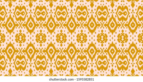 Lace border. Ikat seamless pattern. Vector tie dye shibori print with stripes and chevron. Ink textured japanese background. Ethnic fabric. Bohemian fashion. African creative. Damask rug. 