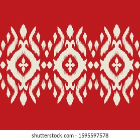 Lace border. Ikat seamless pattern. Vector tie dye shibori print with stripes and chevron. Ink textured japanese background. Ethnic fabric. Bohemian fashion. African creative. Damask rug.